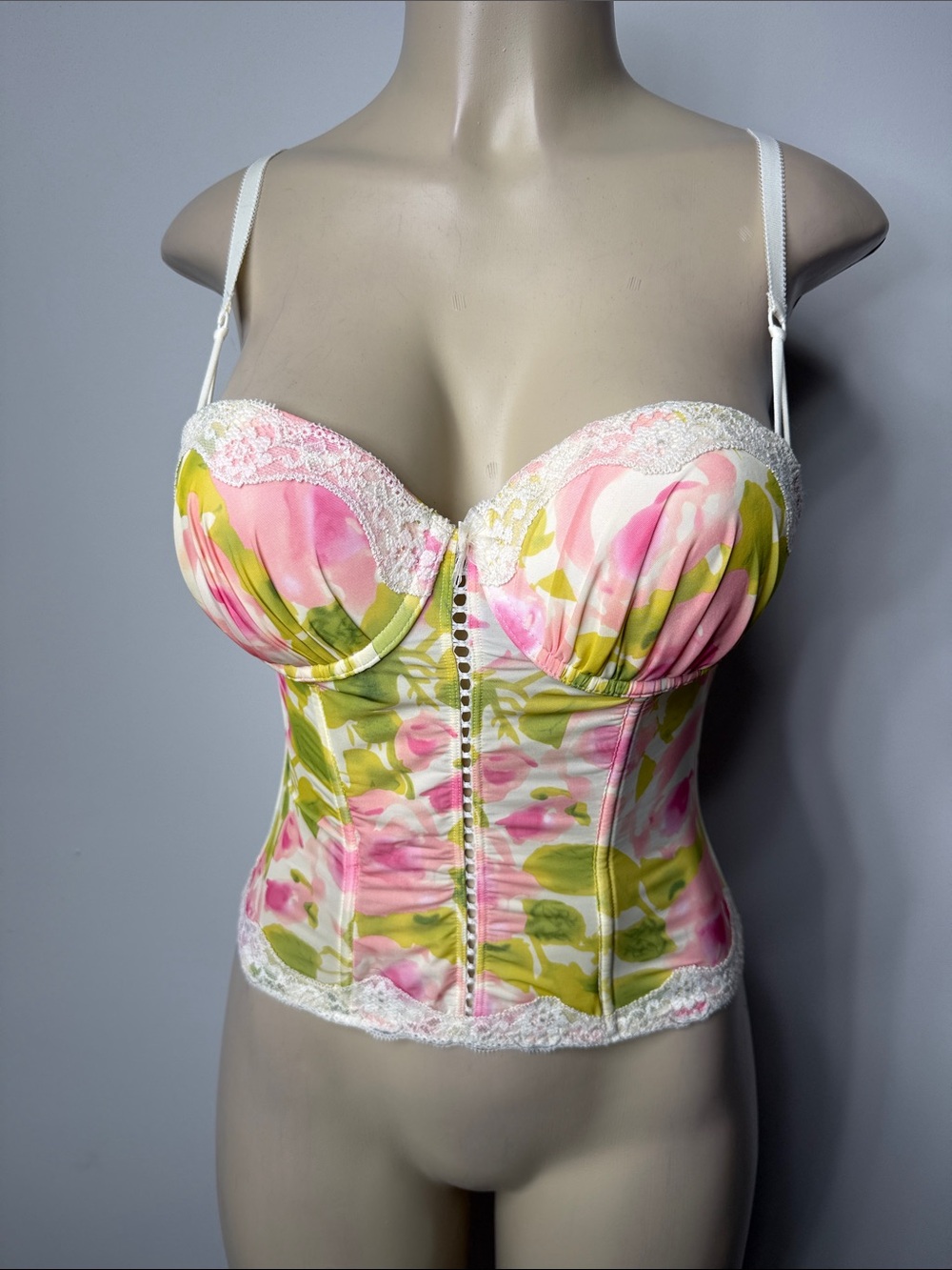smart & sexy Pink and Green Floral Lace Bustier